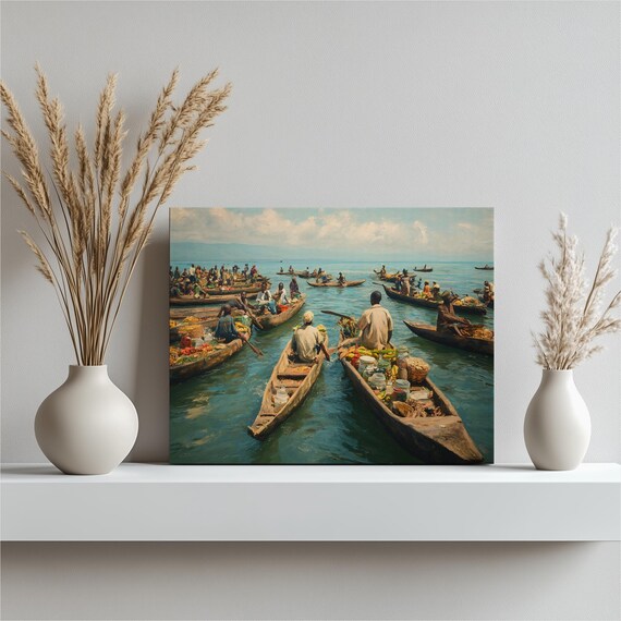 Vibrant Floating Market Wooden Canoes Colorful Riverside Scene Poster
