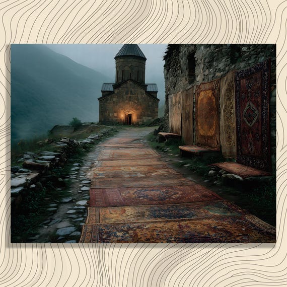 Misty Mountain Monastery Canvas Wall Art Boho Decor Vintage Travel Print Historic Chapel Pathway Moody Scenery Rugs Valley Photography