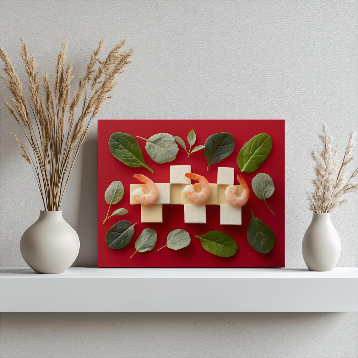 Shrimp Cheese Modern Food Flat Lay Red Minimalist Kitchen Poster