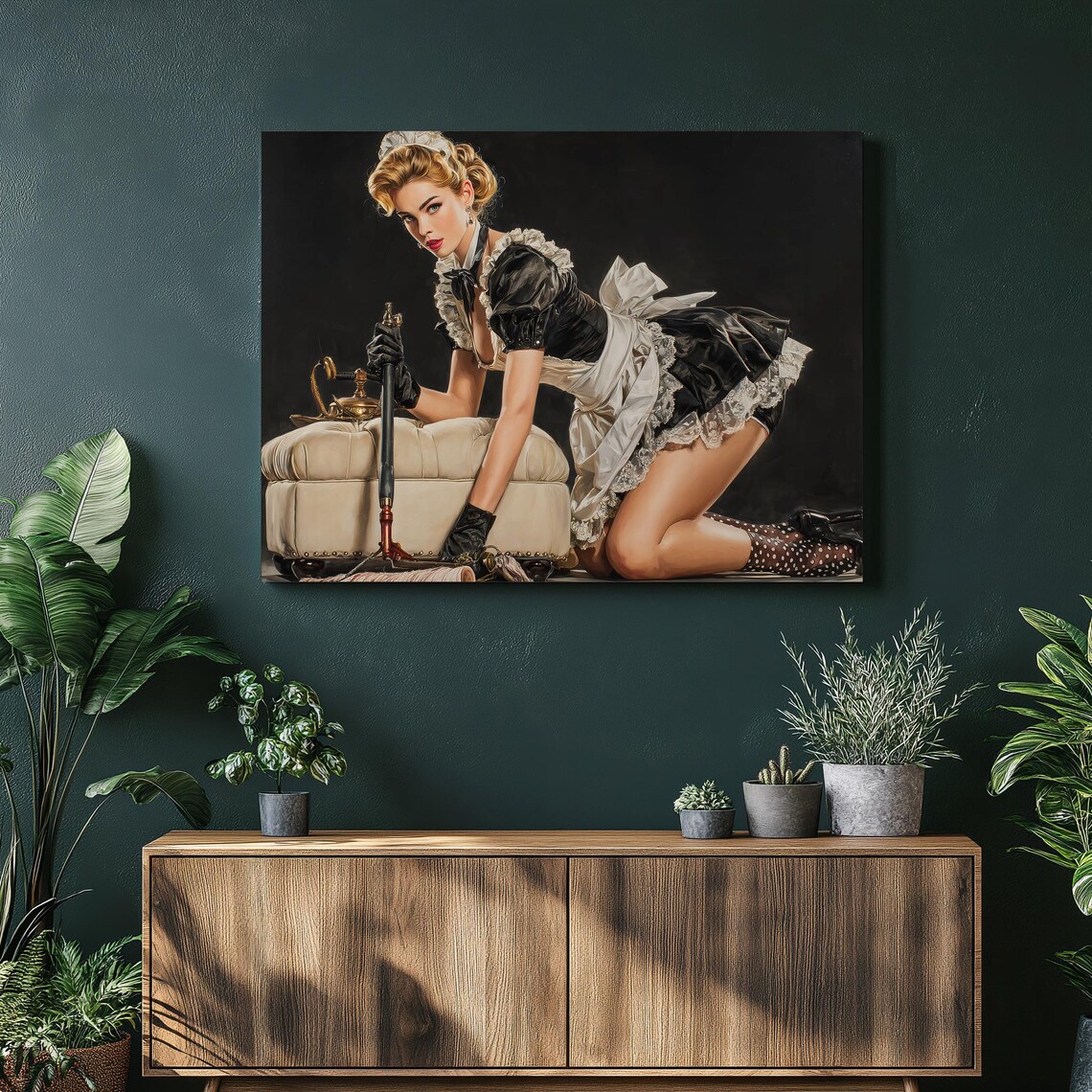 Vintage Pin Up Maid Polishing Ottoman Retro Glamour Art Poster