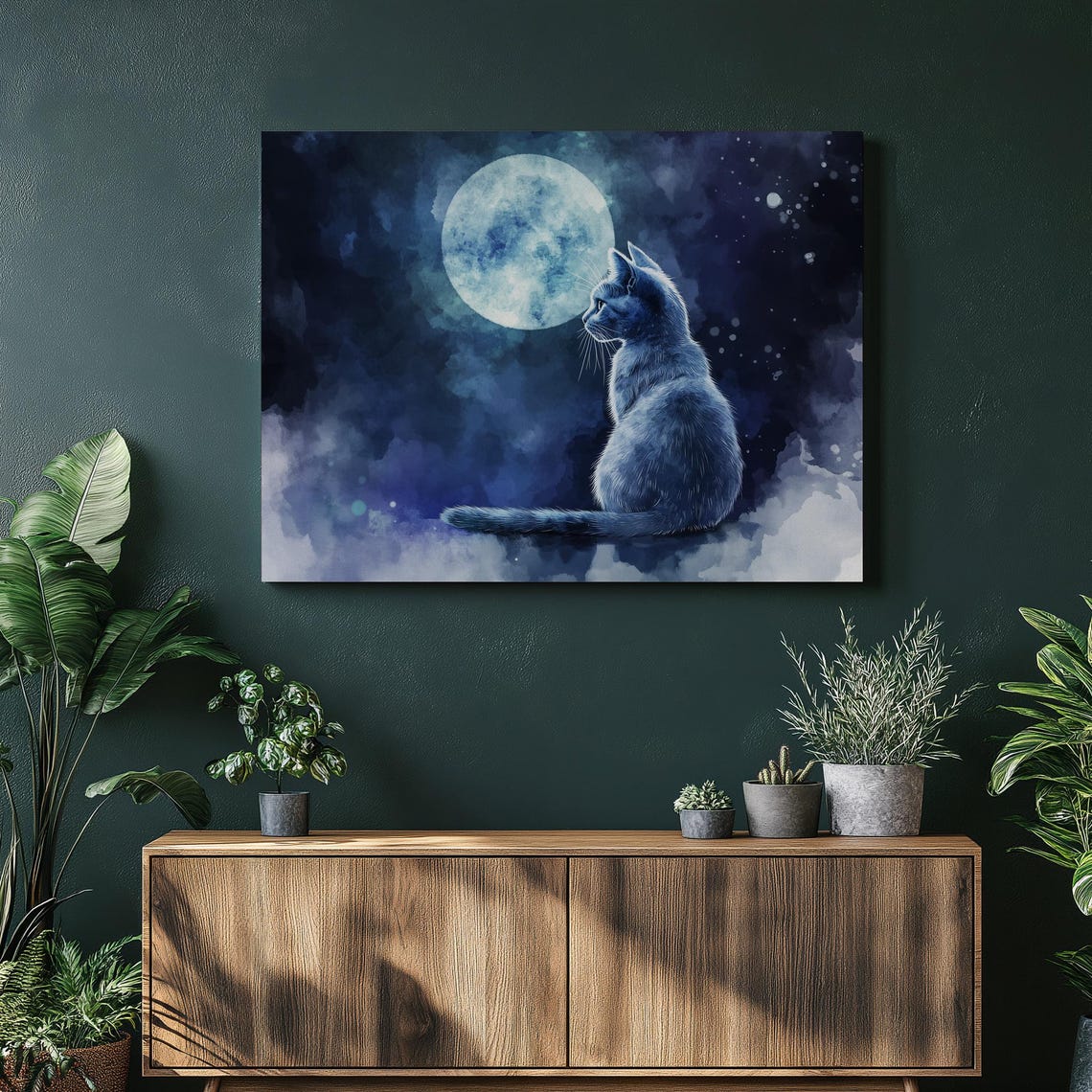Russian Blue Cat Canvas Wall Art Print Watercolor Night Sky Painting Decor Moonlight Gift For Lovers Serene Moon