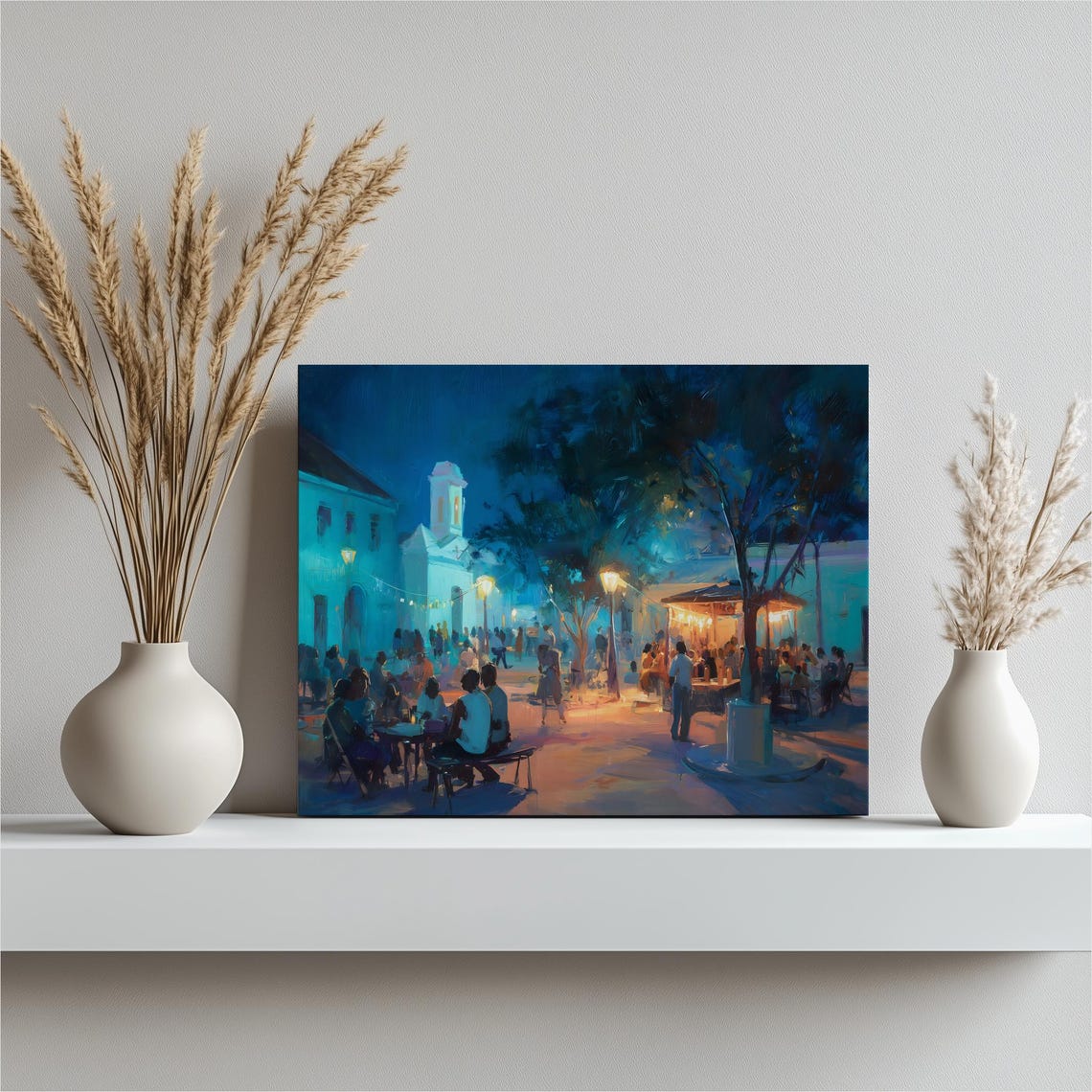 Vibrant City Plaza Night Cafe Lights Blue Hour Dining Art Poster