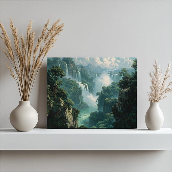 Tropical Waterfall Canyon Canvas Wall Art Lush Rainforest Jungle Landscape Cascading Waterfalls River Gorge Cliffs Misty Blue Green Scener