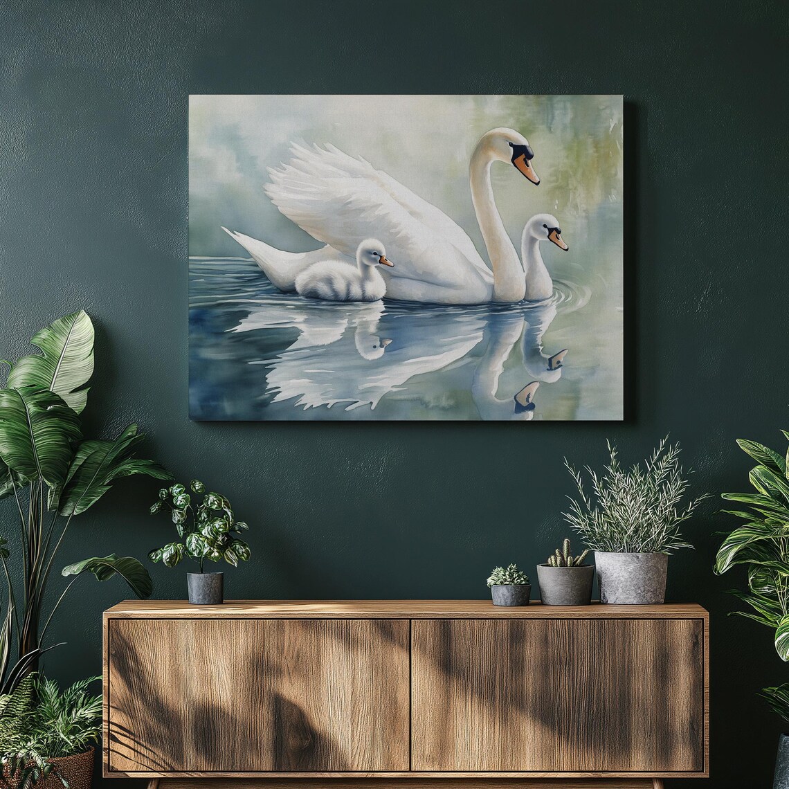White Swan With Cygnets Gliding on Calm Water Watercolor Print