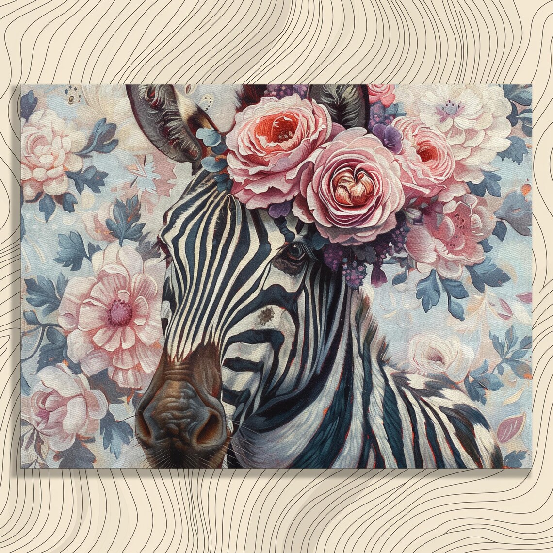 Zebra Pink Flower Crown Floral Safari Animal Portrait Wall Art