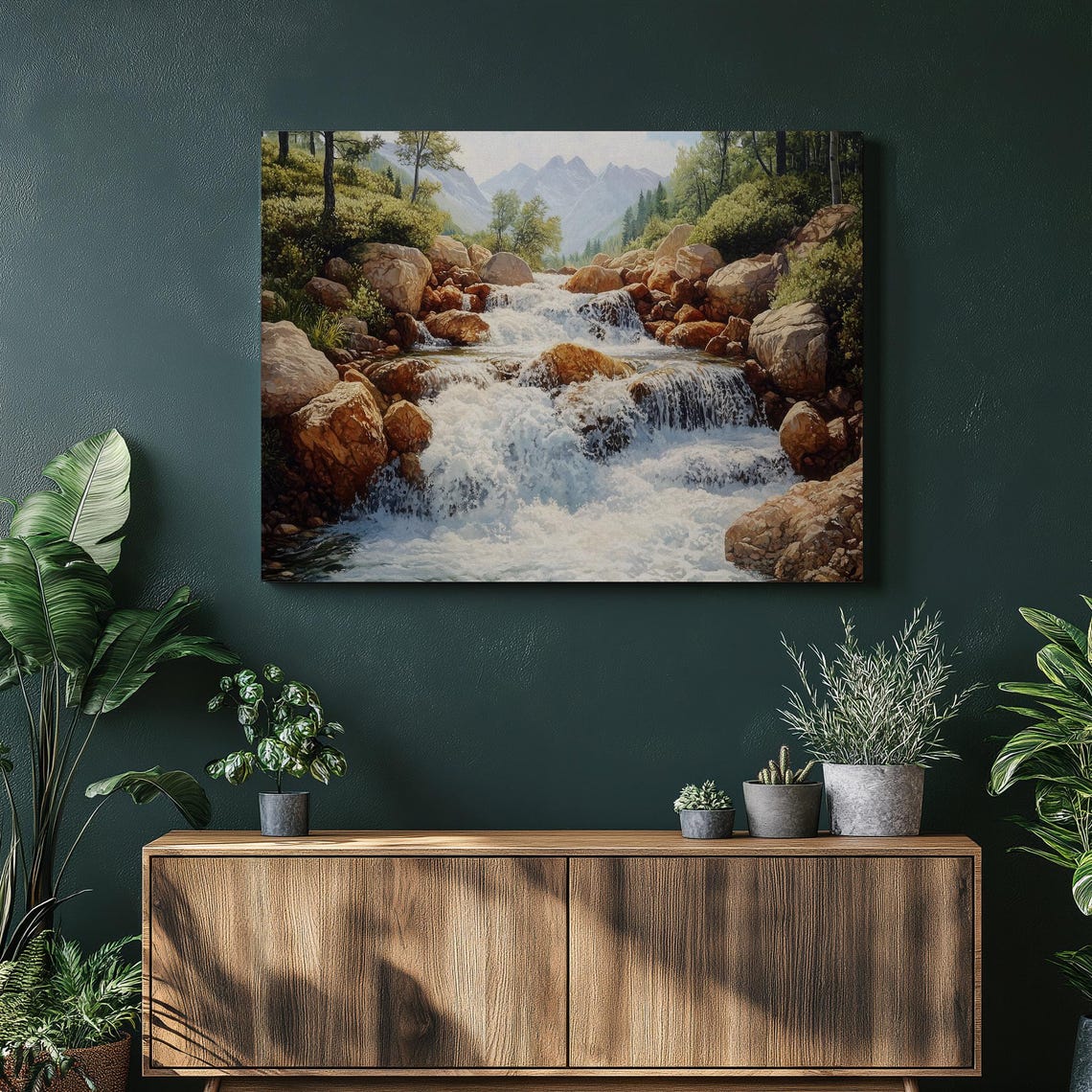 Rushing Mountain River Waterfall Rocks Nature Landscape Wall Art
