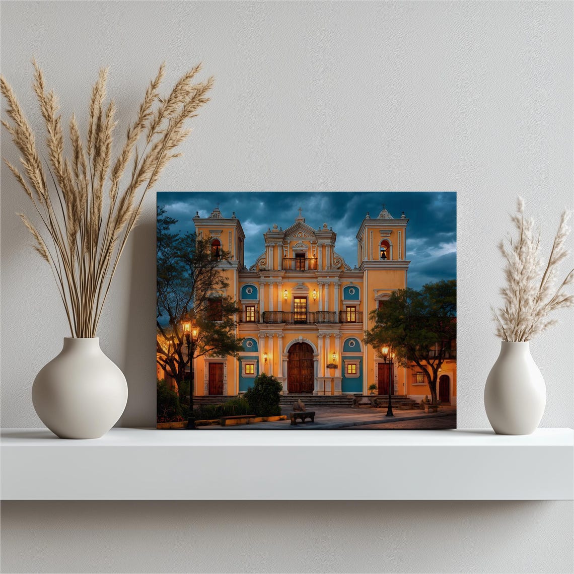 Colonial Church Blue Hour Glowing Lamps Baroque Facade Wall Art