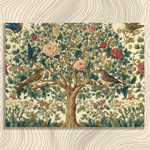 Vintage Botanical Birds Canvas Wall Art Tree Of Life Floral Rose Print Victorian Decor Arts And Crafts Inspired Nature Bird