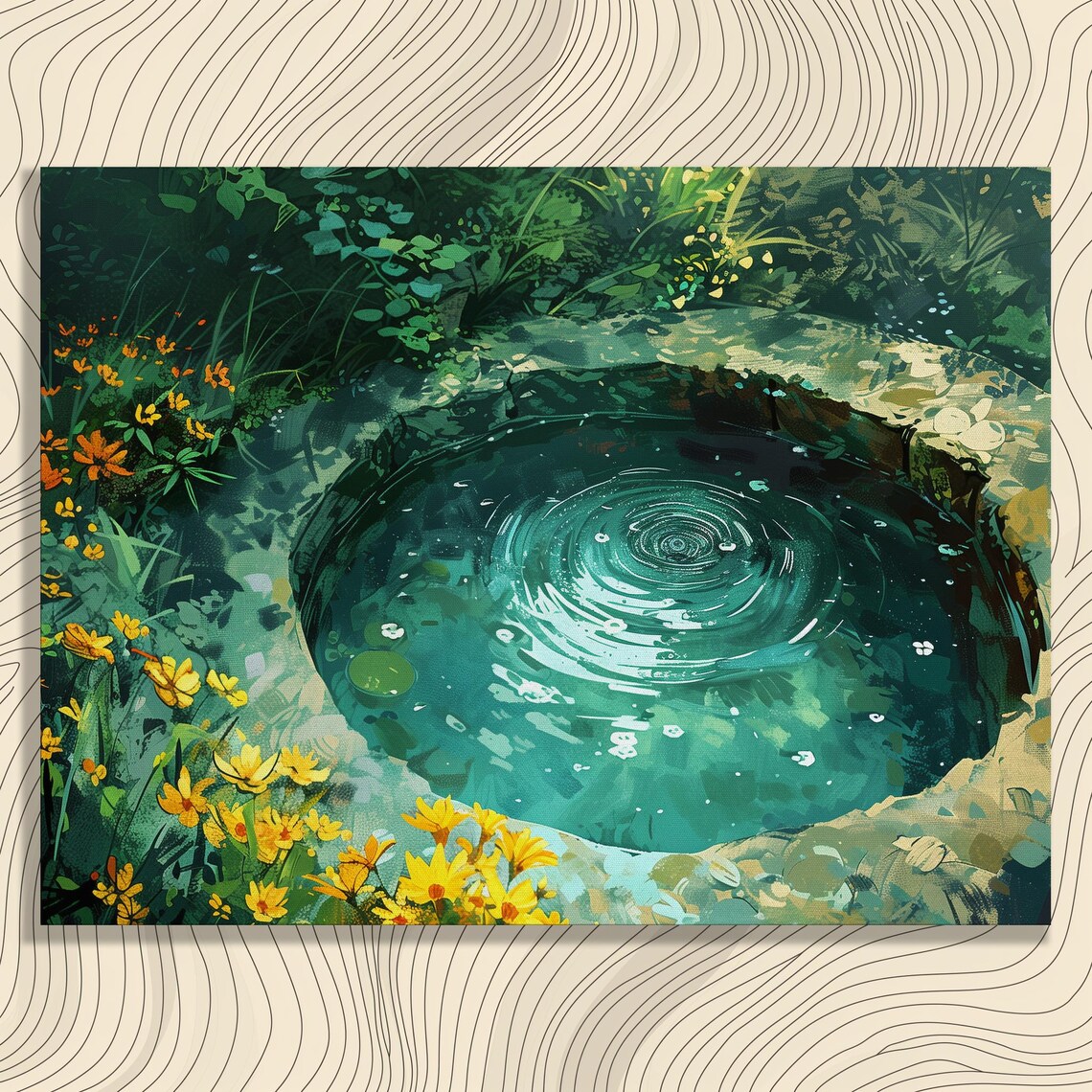 Rippling Natural Spring Pond Yellow Wildflowers Garden Painting Poster