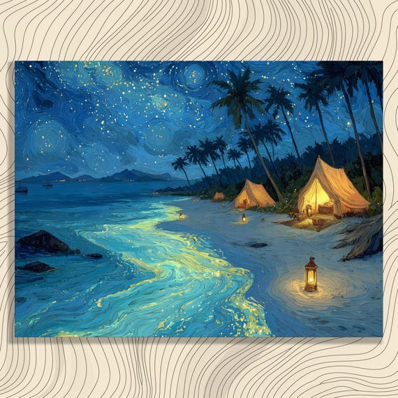 Tropical Starry Beach Canvas Wall Art Bioluminescent Sea Palm Lined Lantern Light Ocean Waves Night Sky Decor