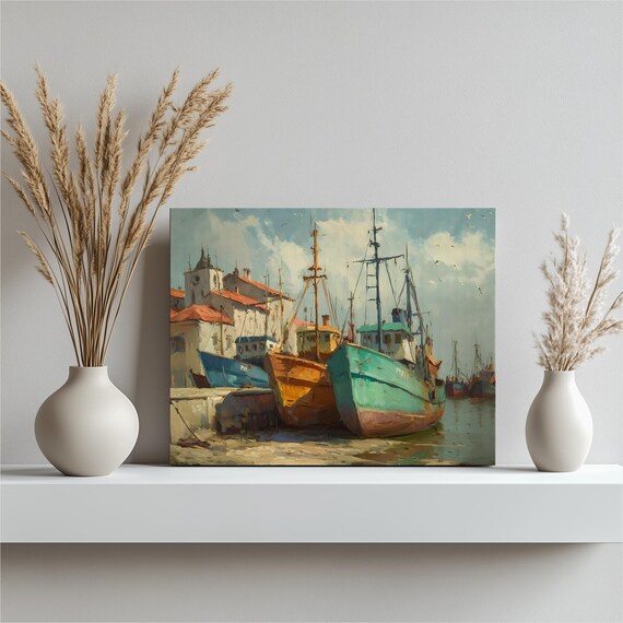 Colorful Fishing Boats Oil Painting In Old Harbor Quay Poster
