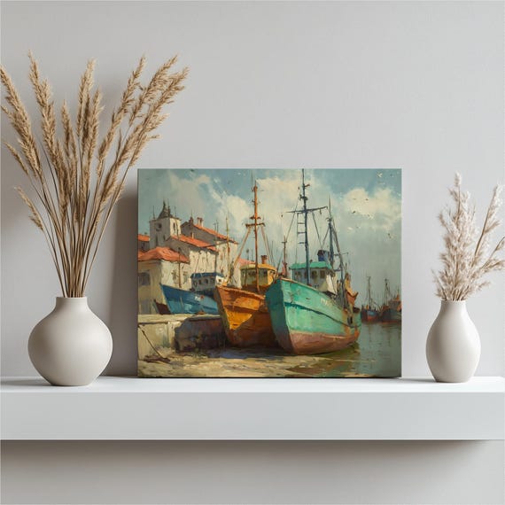 Colorful Harbor Boats Canvas Wall Art Coastal Nautical Seascape Painting Fishing Boat Print Village