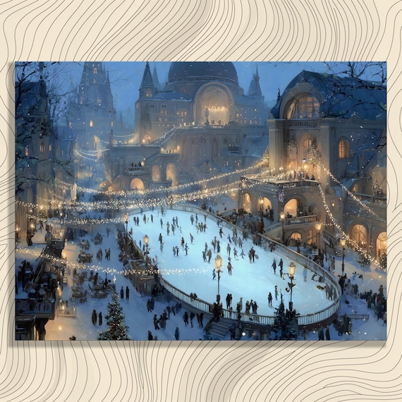 Snowy Evening Ice Skating Rink Christmas Lights Cityscape Wall Art