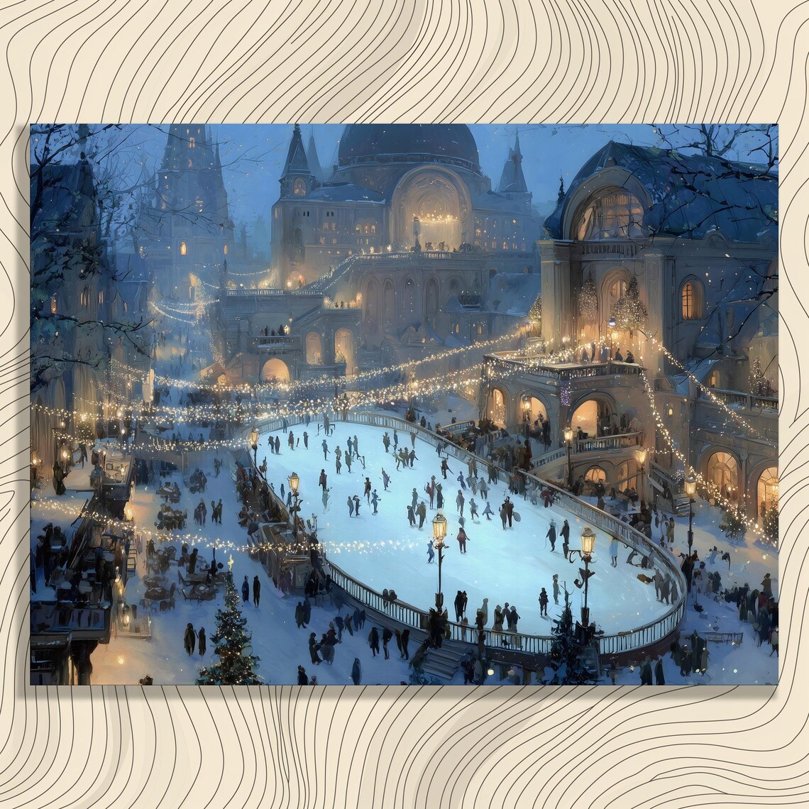 Snowy Evening Ice Skating Rink Christmas Lights Cityscape Wall Art