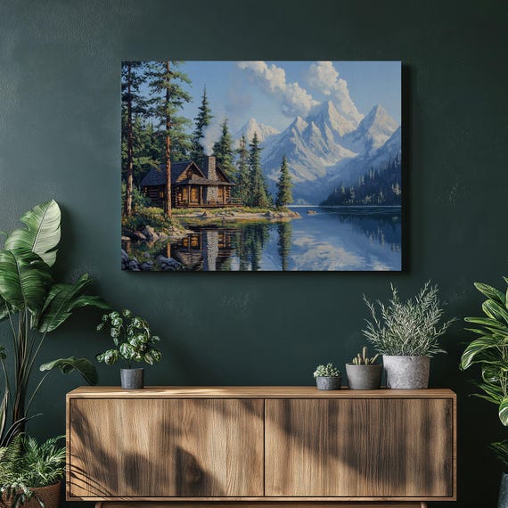 Lakeside Cabin Peace Canvas Wall Art Rustic Mountain Reflection Home Decor Nature Landscape Print For Living Room Bedroom