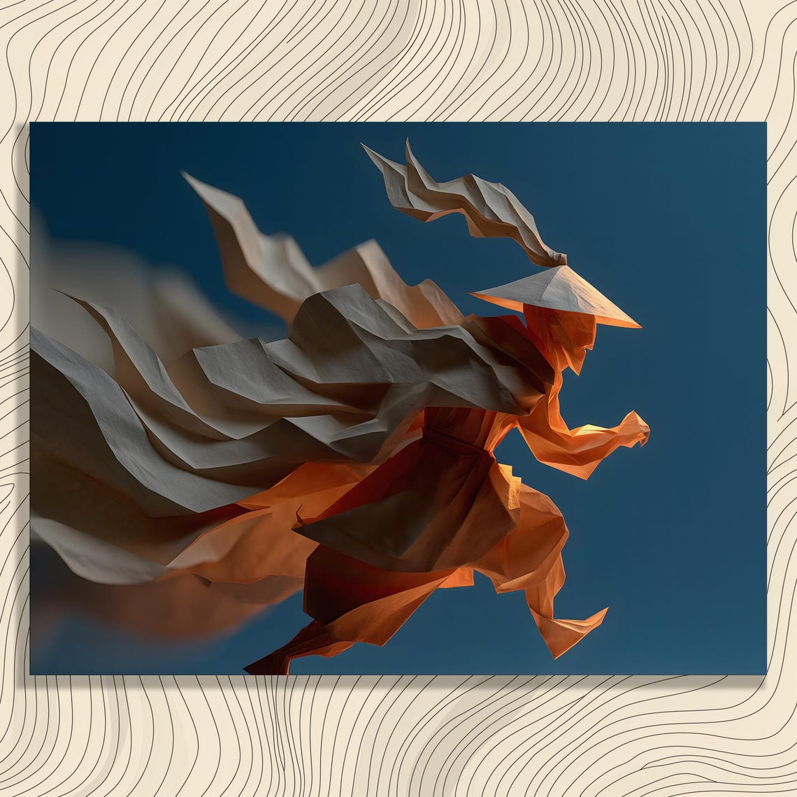Origami Samurai Warrior in Motion Paper Sculpture Art on Blue Poster