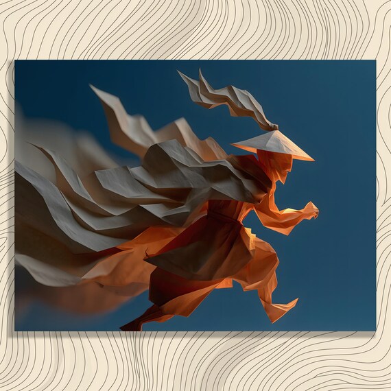 Origami Samurai Warrior in Motion Paper Sculpture Art on Blue Poster