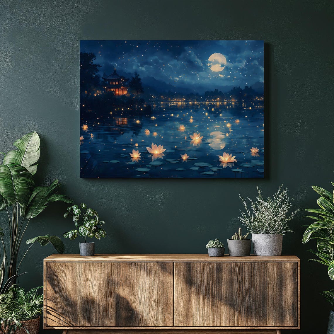 Moonlit Pond Glowing Lotus Blooms Dreamy Asian Night Sky Poster
