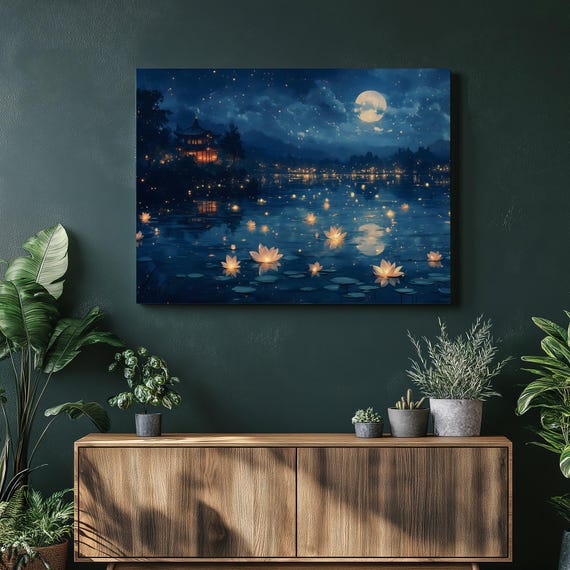 Moonlit Pond Canvas Wall Art Glowing Fireflies Over Blooms Tranquil Asian Night Landscape Reflective Moon Zen Nature Decor