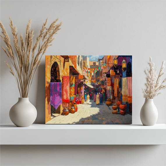 Vibrant Morocco Canvas Wall Art Colorful Marrakech Souks Exotic Fabrics Spices Beautiful Lanterns Warm Desert Sun Stunning Decor
