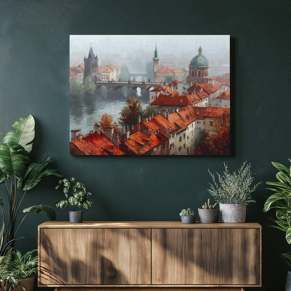 European Cityscape Canvas Wall Art Misty River Bridge Historic Architecture Traditional Painting Autumn Foliage Red Rooftops Print