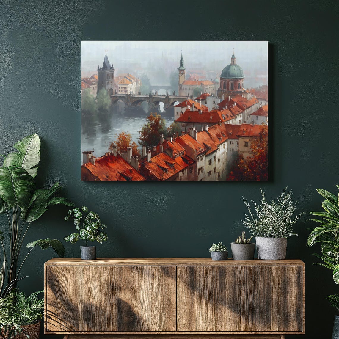 Prague Old Town Rooftops Charles Bridge Misty Morning Poster