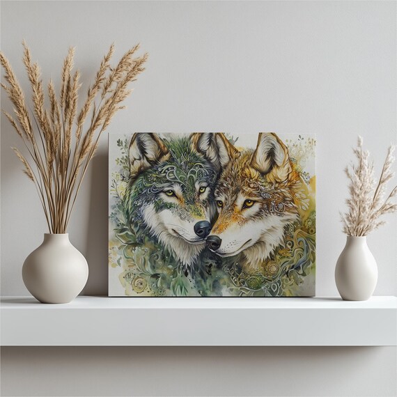 Majestic Wolf Watercolor Canvas Wall Art Boho Wildlife Print For Living Room Bedroom Green Brown Nature Decor Unique Animal