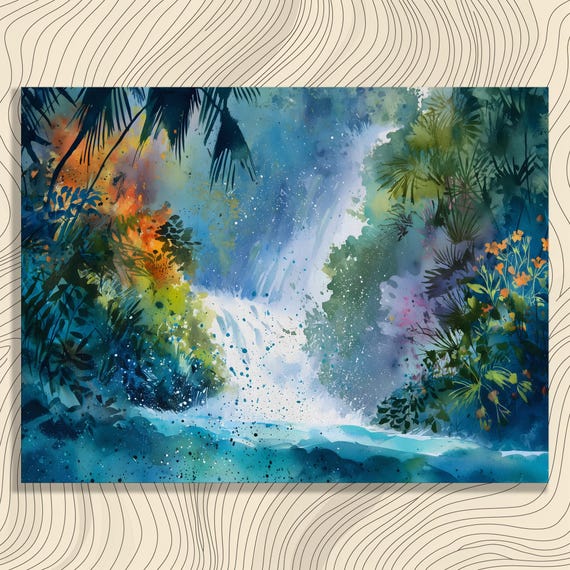 Tropical Waterfall Canvas Wall Art Lush Jungle Landscape Rainforest Painting Botanical Decor Exotic Flowers Nature Print Palm Leaves