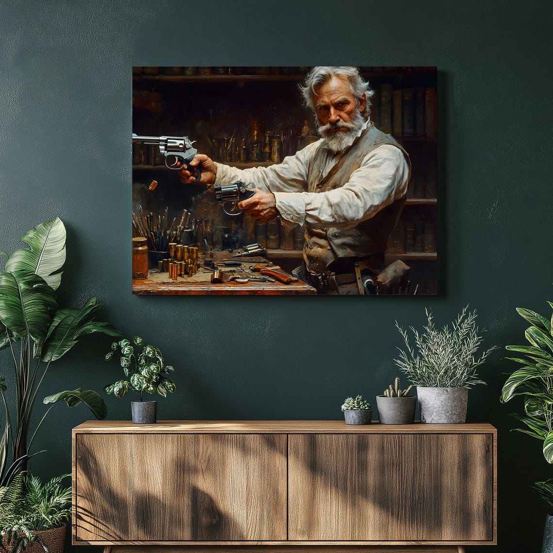 Old West Gunsmith Elderly Man With Revolvers Vintage Art Poster