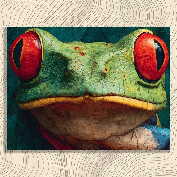 Tree Frog Canvas Wall Art Red Eyed Colorful Wildlife Painting Rainforest Artwork Amphibian Print Exotic Species Portrait Impasto Texture