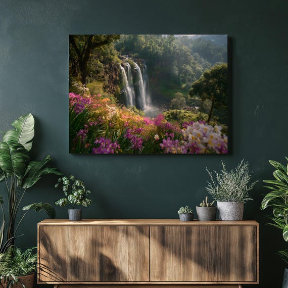 Forest Waterfall Canvas Wall Art Misty Mountain River Landscape With Wildflowers Botanical Decor Lush Greenery Vibrant Nature Print