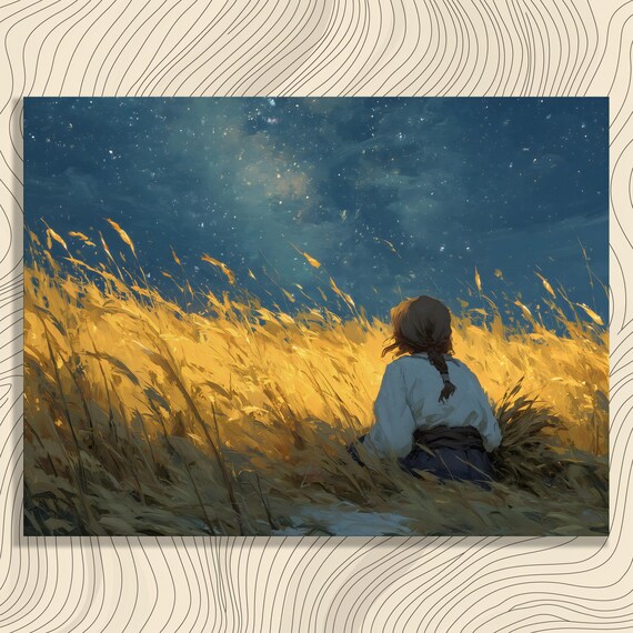 Starry Night Canvas Wall Art Golden Wheat Field Painting Print Modern Nature Landscape Decor Gift For Lovers Tranquil Sky Poster