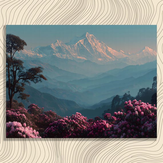 Himalayan Canvas Wall Art Mountain Landscape Print Pink Rhododendron Floral Garden Nature Scenery Decor Poster Botanical Artwork