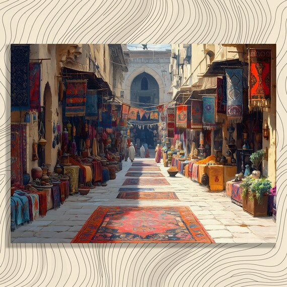 Vibrant Bazaar Street Rugs Textiles Hanging Colorful Market Art Poster