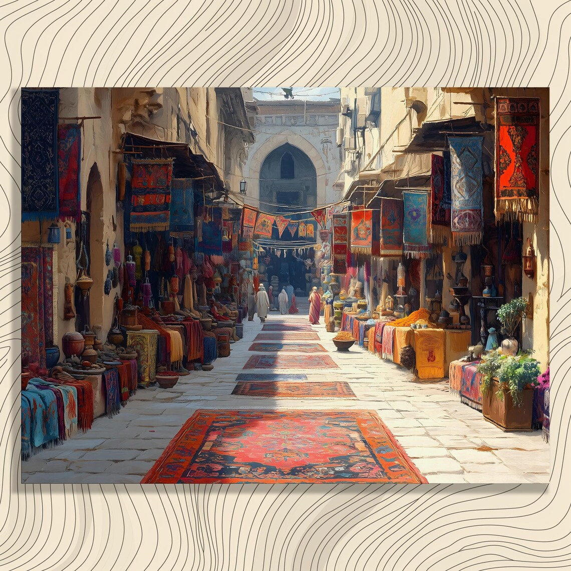 Vibrant Bazaar Street Rugs Textiles Hanging Colorful Market Art Poster