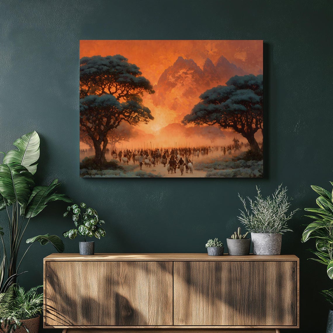 African Savanna Sunset Elephant Herd Acacia Trees Art Poster