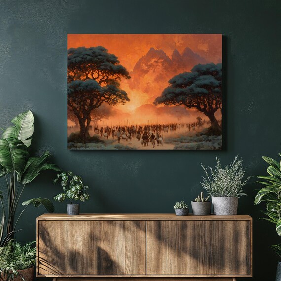 African Savanna Sunset Elephant Herd Acacia Trees Art Poster