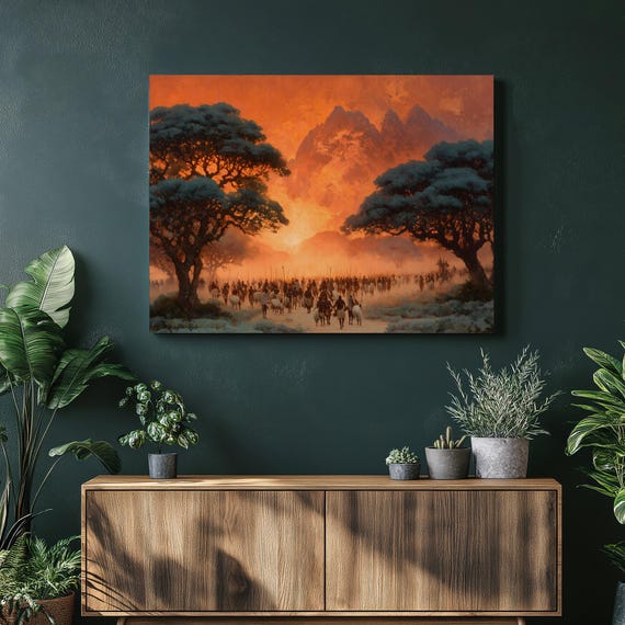 Epic Savanna Sunset Canvas Wall Art Tribal Warriors On Horseback Fantasy Landscape Print Colorful Nature Decor Gift Large Painting