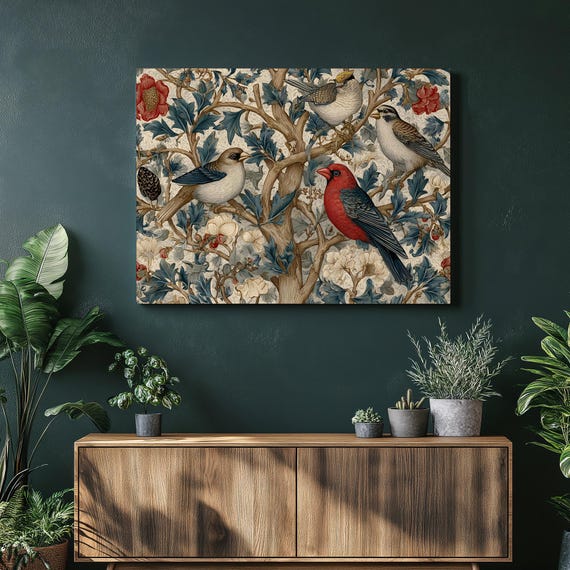 Colorful Bird Canvas Wall Art Vintage Botanical Nature Print Floral Tree Branch Illustration Tropical Garden Decor Hanging Poster