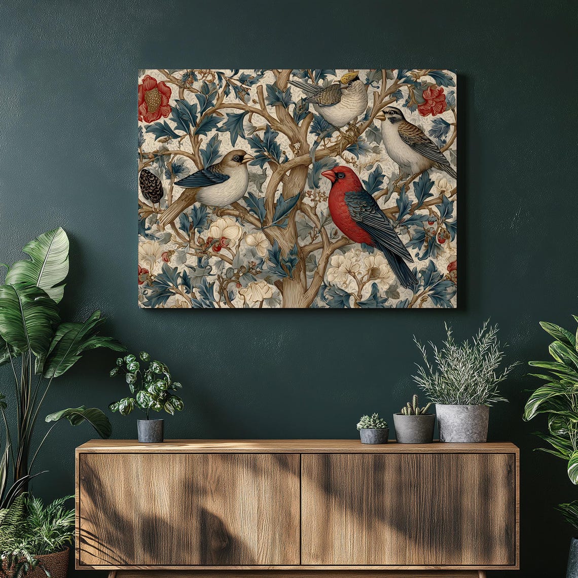 Vintage Birds in Blooming Tree Botanical Illustration Canvas Wall Art
