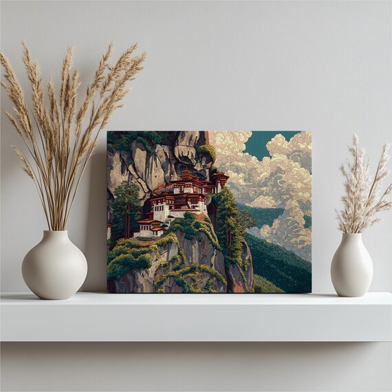 Dramatic Cliffside Monastery Canvas Wall Art Mountain Forest Cliff With Cloudscape Decor Zen Temple Meditation Nature Scenery