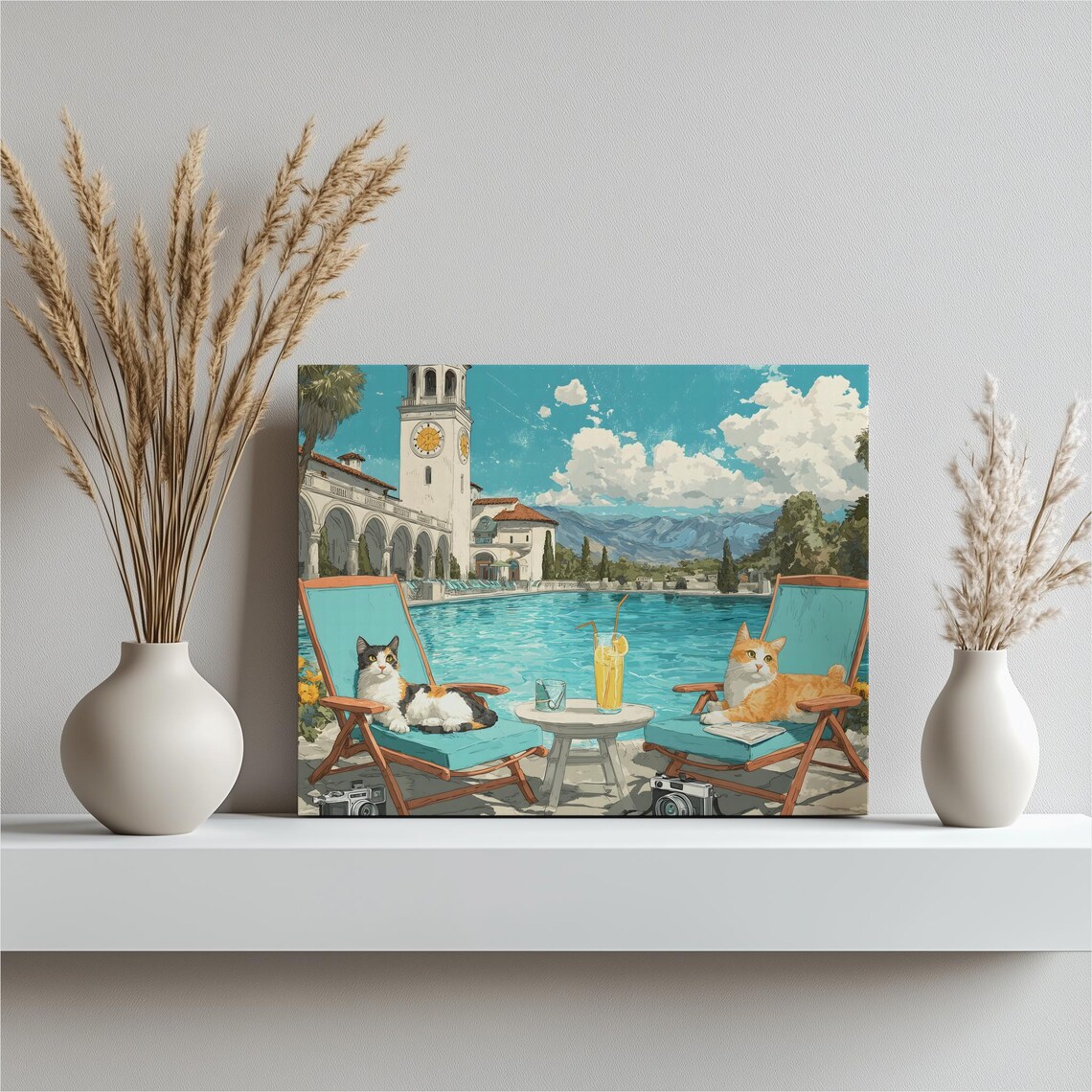 Tropical Cats Poolside Resort Vintage Travel Style Cat Lover Poster