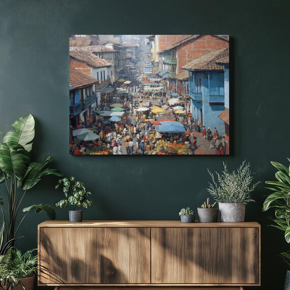 Colorful Street Market Canvas Wall Art Vibrant Marketplace Scene Urban Landscape Print Fresh Produce Umbrellas Cityscape Decor
