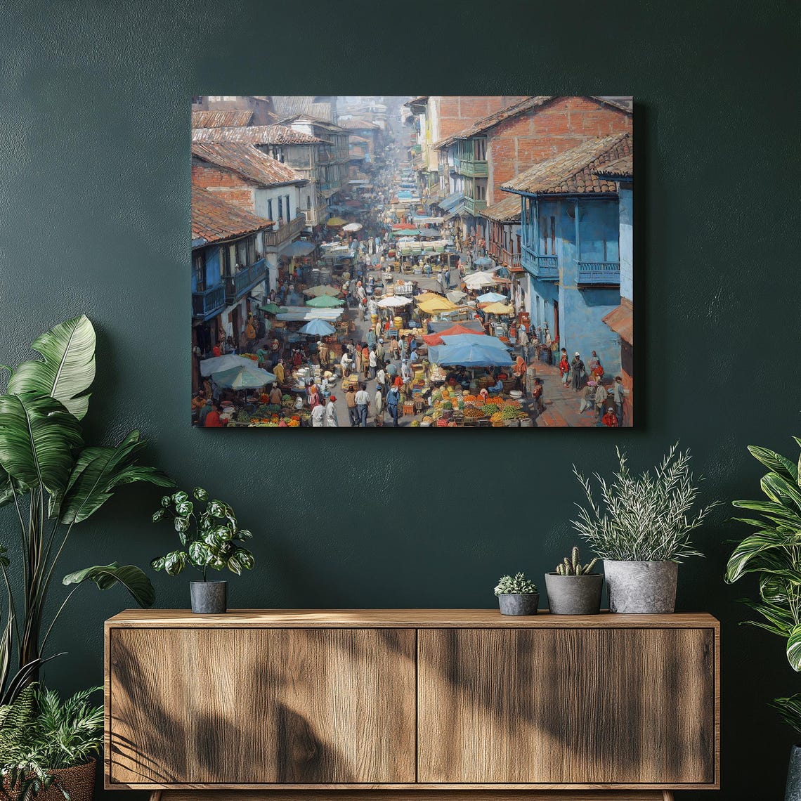 Colorful Street Market Canvas Wall Art Vibrant Marketplace Scene Urban Landscape Print Fresh Produce Umbrellas Cityscape Decor