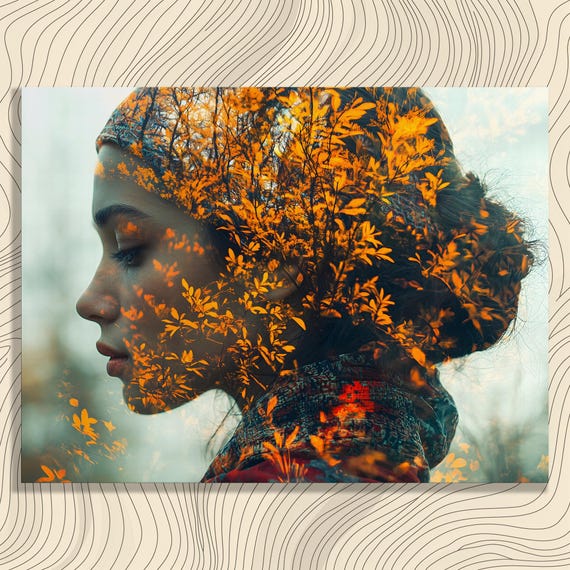 Autumn Leaves Woman Canvas Wall Art Surreal Double Exposure Nature Portrait Modern Bohemian Print For Enthusiasts Lovers