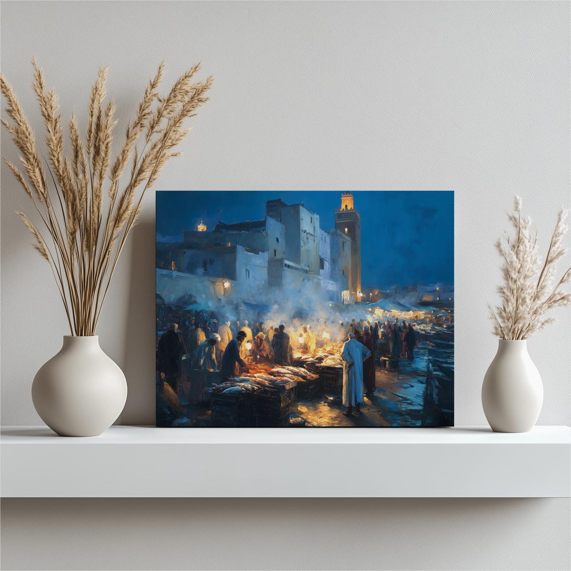 Night Fish Market Lanterns Minaret Harbor Scene Nightfall Poster