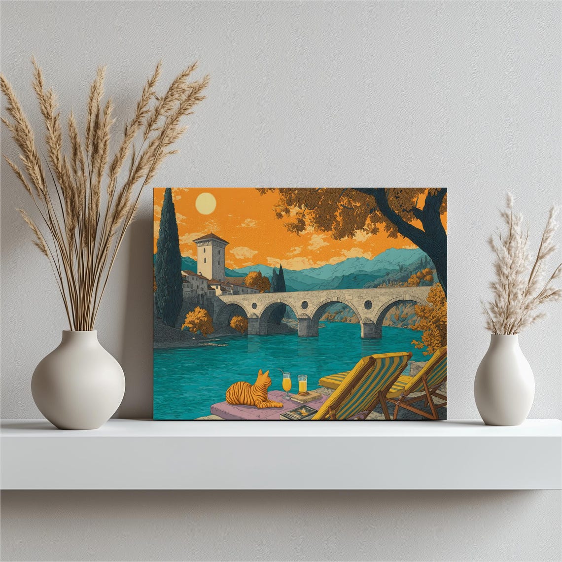 Orange Cat River Stone Bridge Sunset Medieval Town Cozy Art Poster