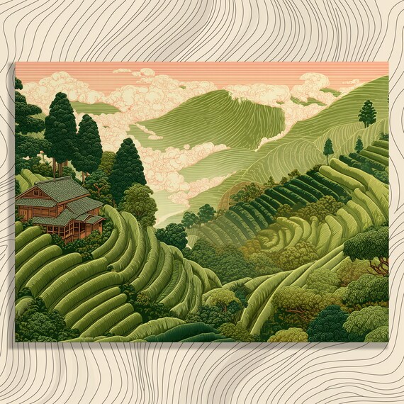 Japanese Style Terraced Tea Hills Woodblock Landscape Art Poster