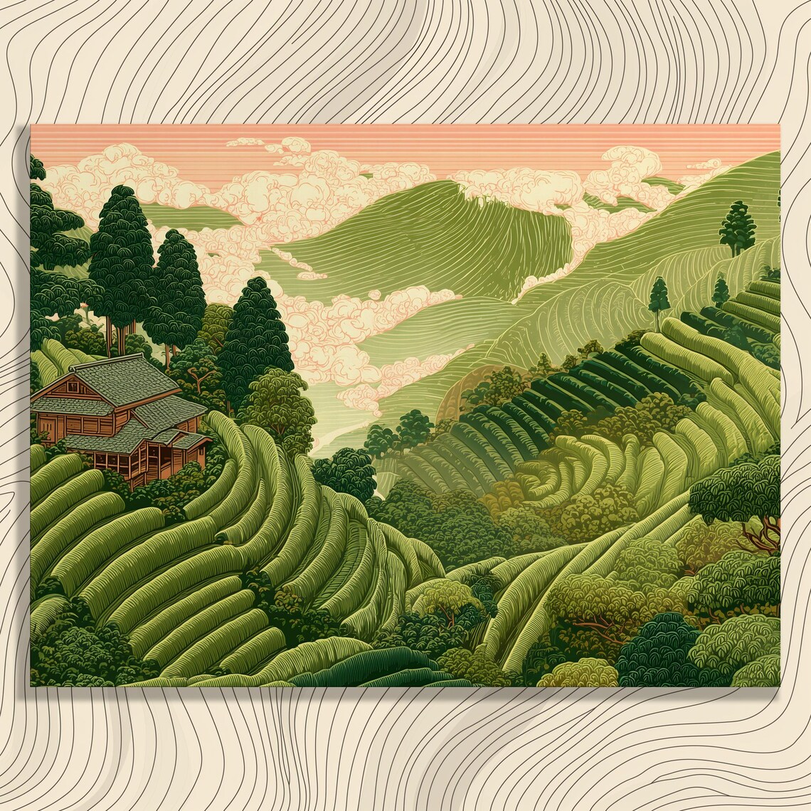 Japanese Style Terraced Tea Hills Woodblock Landscape Art Poster