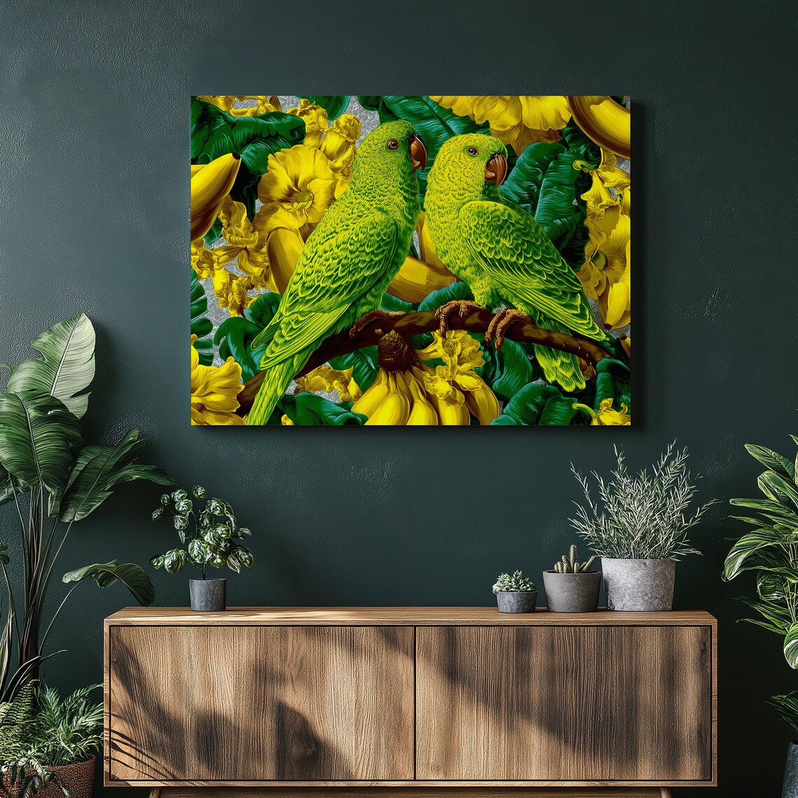 Pair Of Green Parrots Tropical Banana Leaves Vibrant Jungle Art Poster